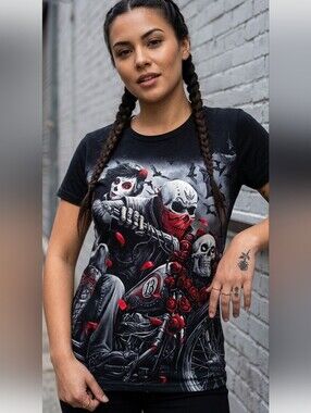 Black Graphic Skull & Roses Moto T-Shirt -Unisex